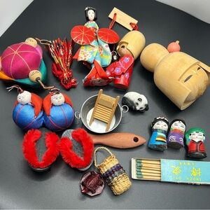 Miniature Japanese Dolls Ornaments Matches Lot Of Antique Charms Fan